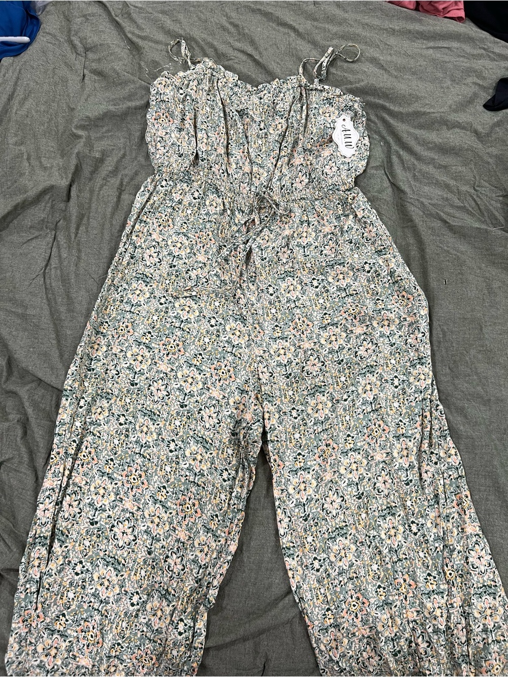 AUW Floral Smocked Jumpsuit in Sage and Blush Pink